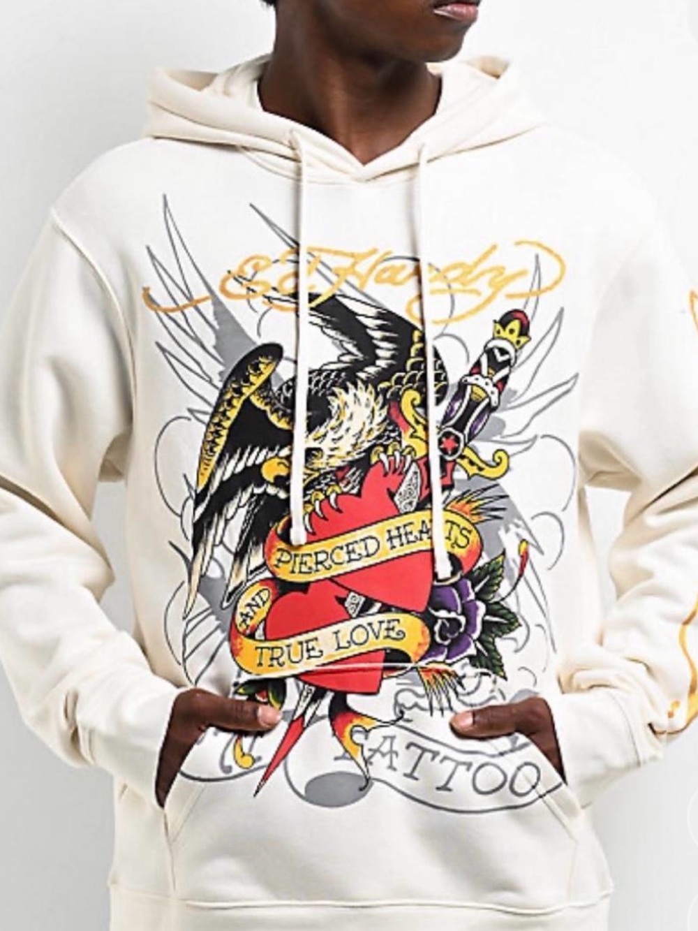 Ed Hardy Cream Pullover Hoodie with Tattoo Heart & Eagle Graphic
